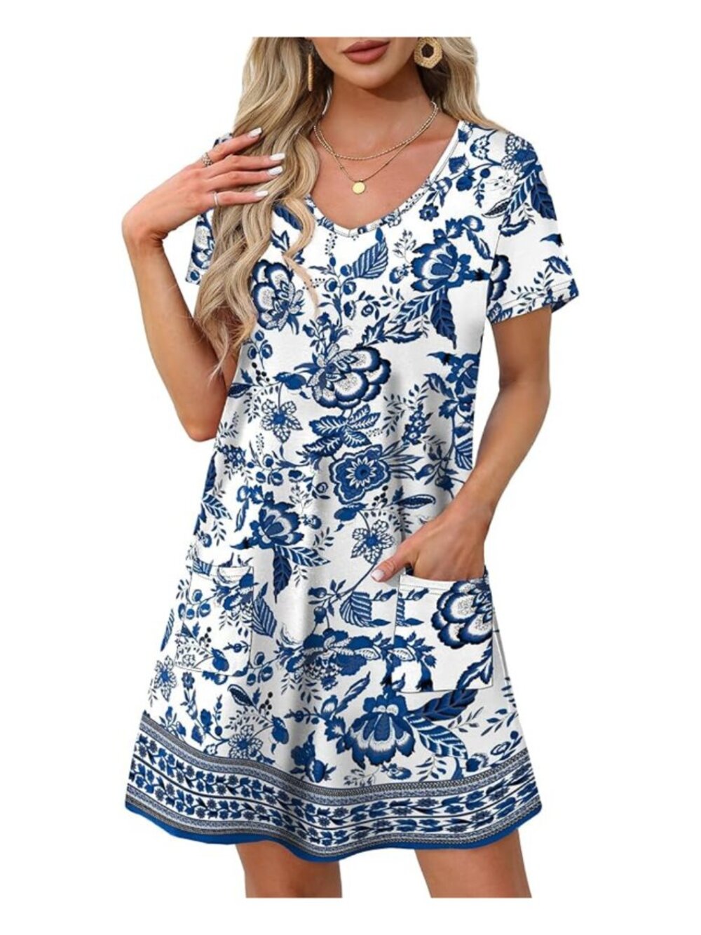 OFEEFAN Women Summer Dress V Neck Short Sleeve Casual T Shirt Dress Pockets